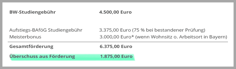 Beispielrechnung Studiengebühren Betriebswirt/Betriebswirtin nach BBiG inkl. Überschuss aus Förderung/Meisterbonus an der Akademie Handel.