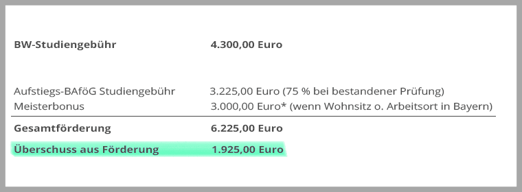 Beispielrechnung Studiengebühren Betriebswirt/Betriebswirtin nach BBiG inkl. Überschuss aus Förderung/Meisterbonus an der Akademie Handel.