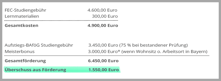 Beispielrechnung Studiengebühren Fachwirt im E-Commerce/Fachwirtin im E-Commerce inkl. Überschuss aus Förderung/Meisterbonus an der Akademie Handel.