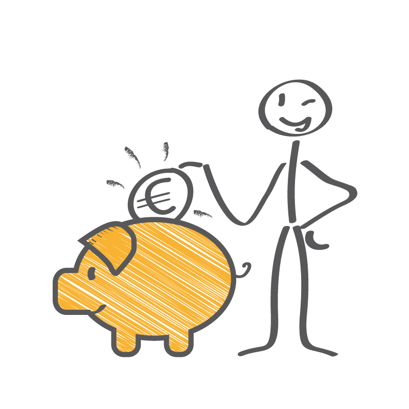 Grafik mit einem Strichmännchen, das zwinkernd Geld in ein oranges Sparschwein steckt.